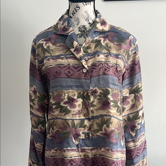 90s 100% silk Blue Purple And Green Blouse - Picture 4 of 8